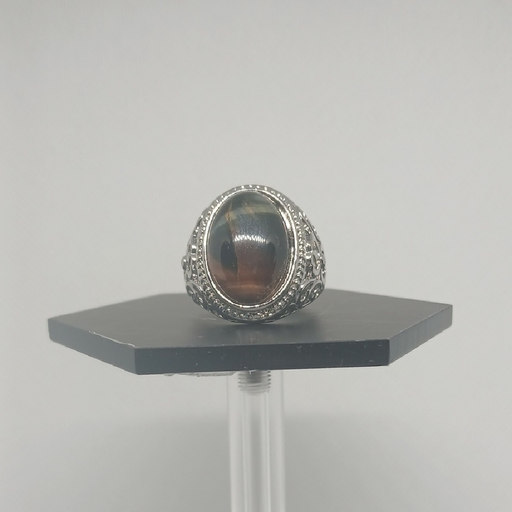 Men's 12.7 x 17.2mm Genuine Natural Yellow Blue Tiger Eye Adjustable Ring